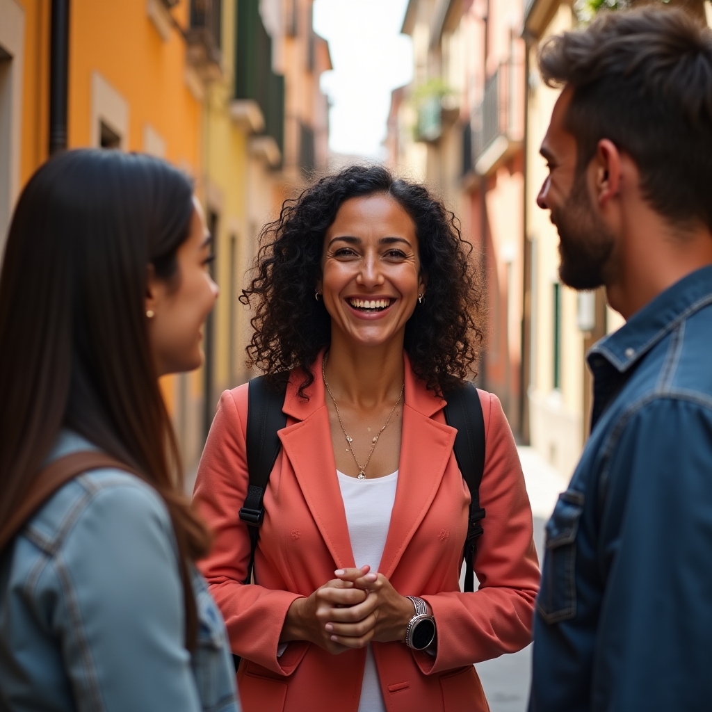 Guida turistica che comunica con turisti di diverse nazionalità in un contesto urbano italiano