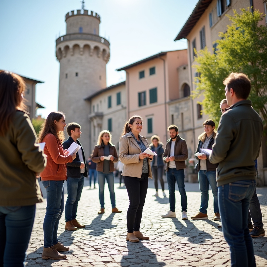 Sessione di formazione pratica all'aperto con guide turistiche che esercitano tecniche narrative in un contesto storico