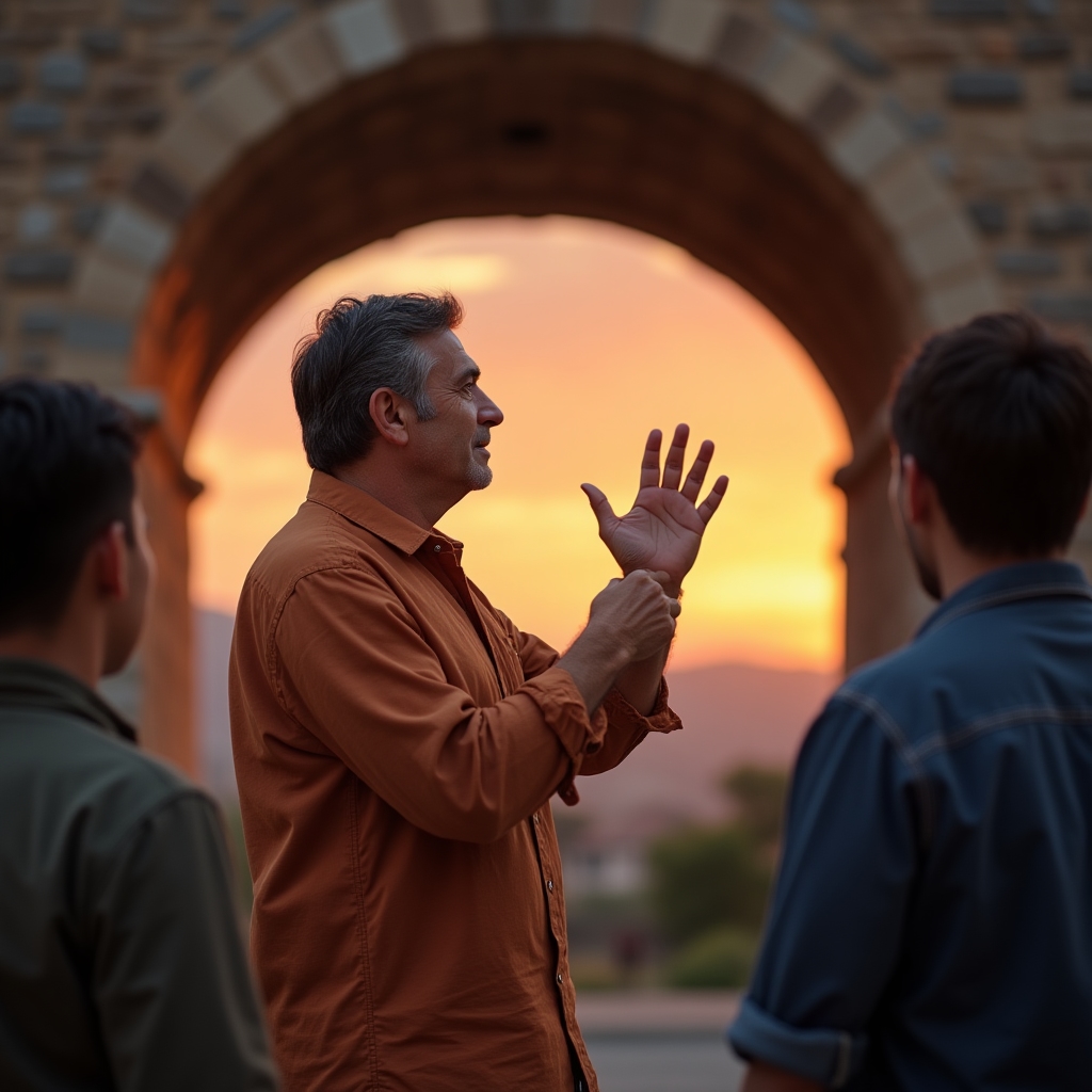 Guida turistica che racconta la storia di un sito storico italiano a turisti stranieri attenti