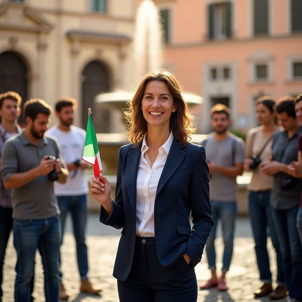 Guida turistica italiana che conduce un gruppo di turisti internazionali in una piazza storica