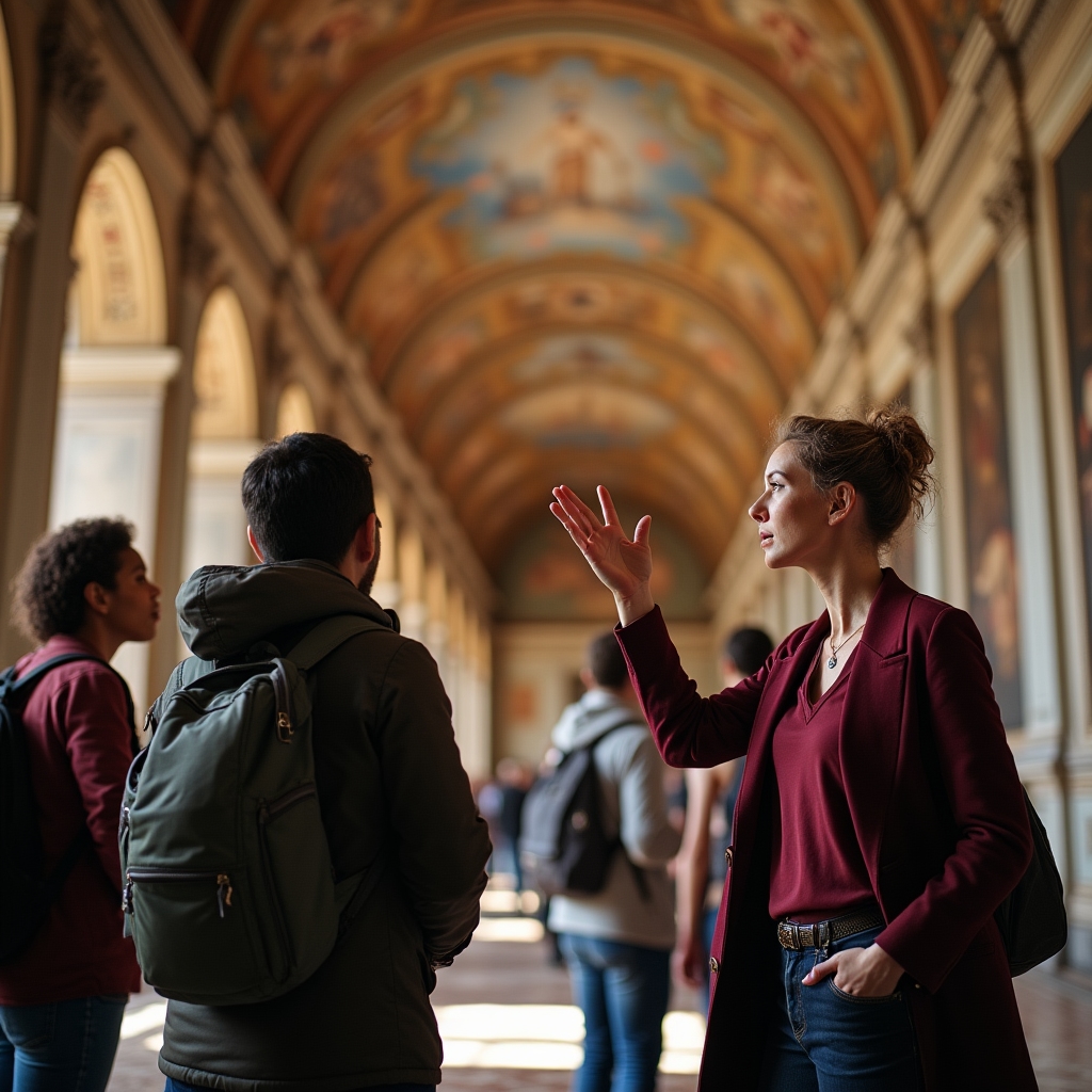 Guida esperta che narra la storia di un palazzo storico italiano con gesti espressivi a un gruppo attento