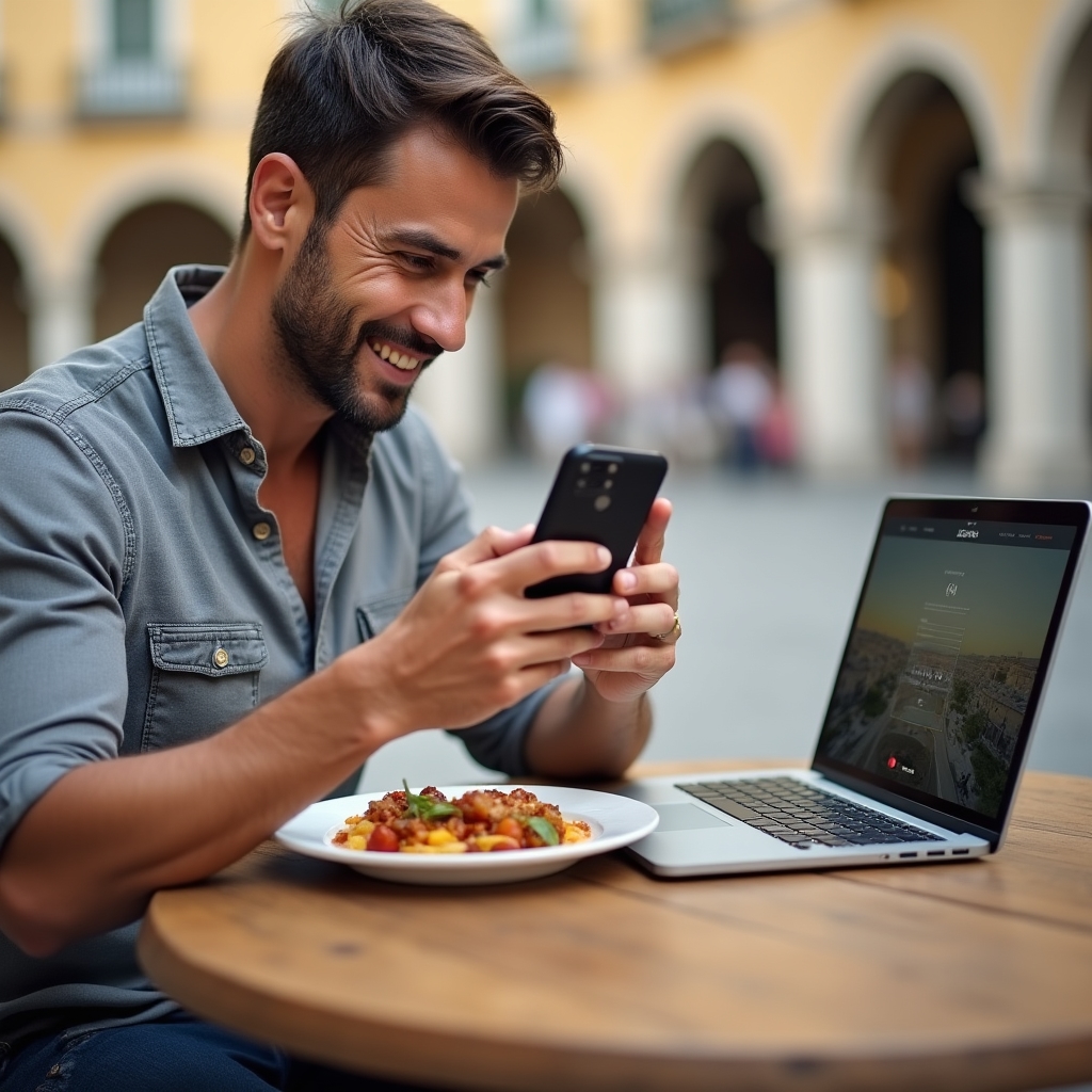 Guida turistica che utilizza uno smartphone per fotografare e documentare un itinerario in una città italiana