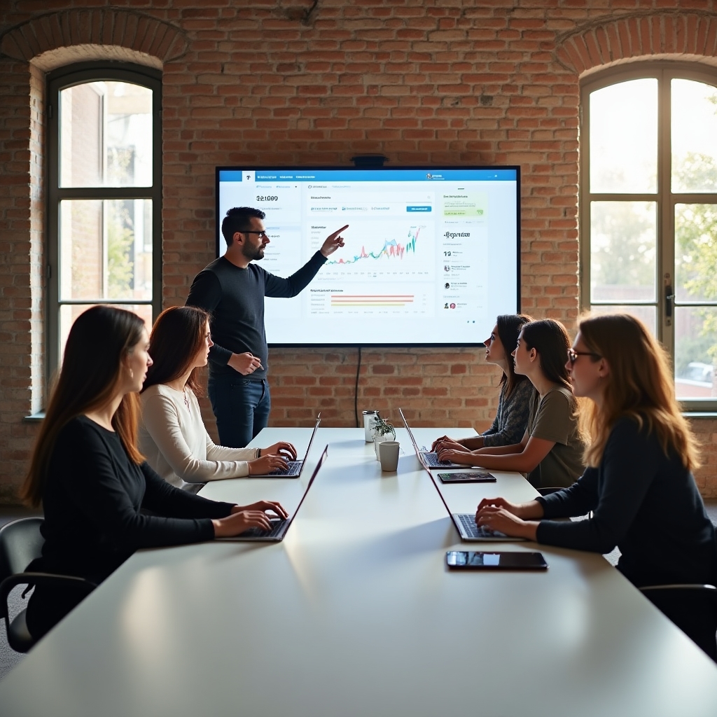 Workshop digitale con guide turistiche che lavorano su laptop e smartphone in un ambiente moderno e luminoso